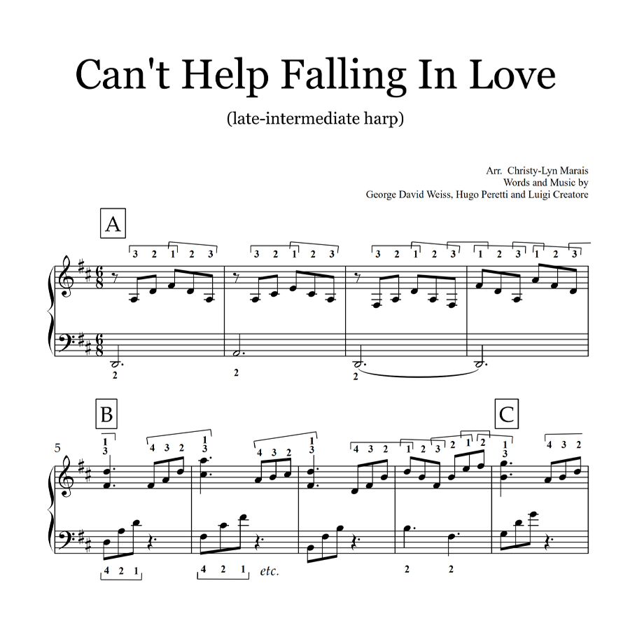 Intermediate Harp Instrumental Sheet Music Can't Help falling in Love arrangement by Christy-Lyn Marais
