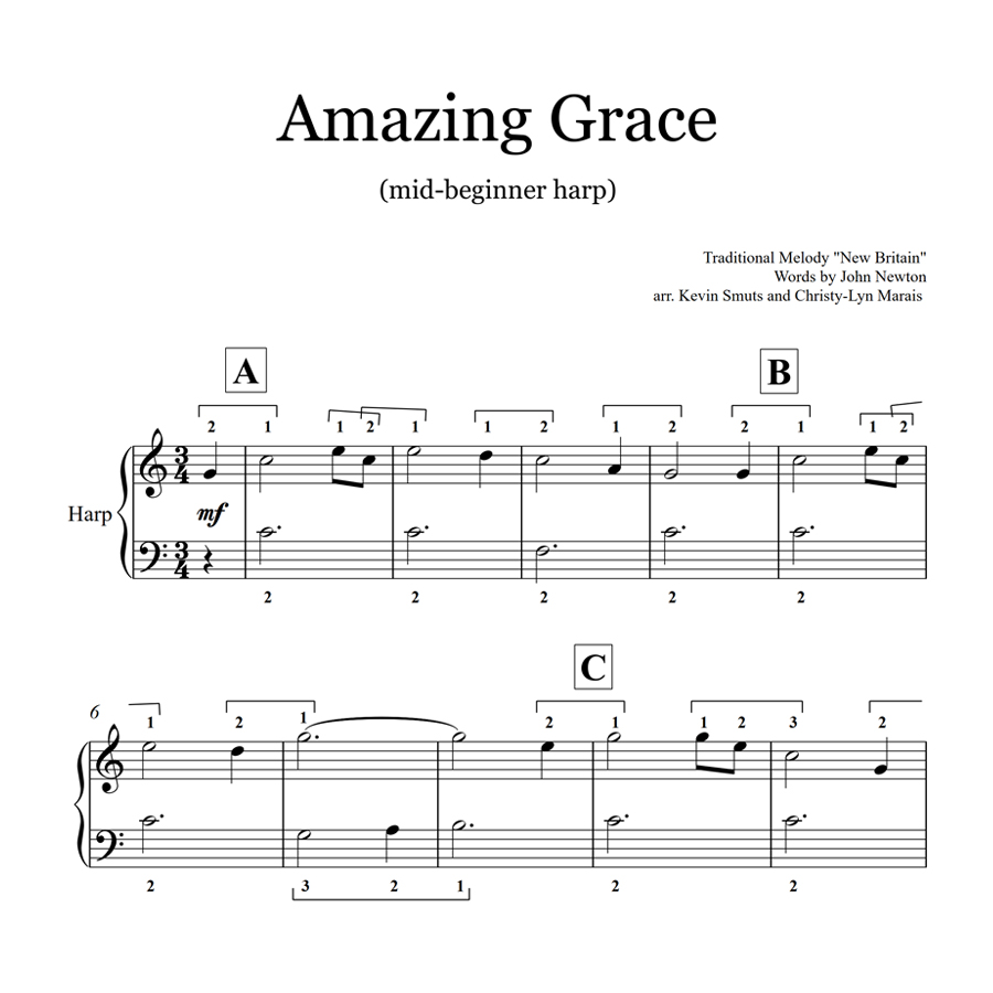 Beginner Harp Instrumental Sheet Music of Amazing Grace by John Newton
