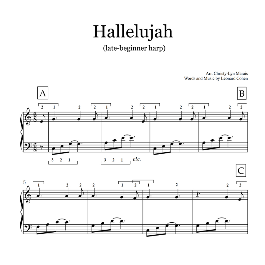 Beginner Harp Instrumental Sheet Music Hallelujah by Leonard Cohen
