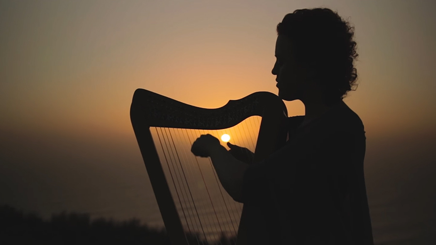 Silhouette of a Harp player at sunset