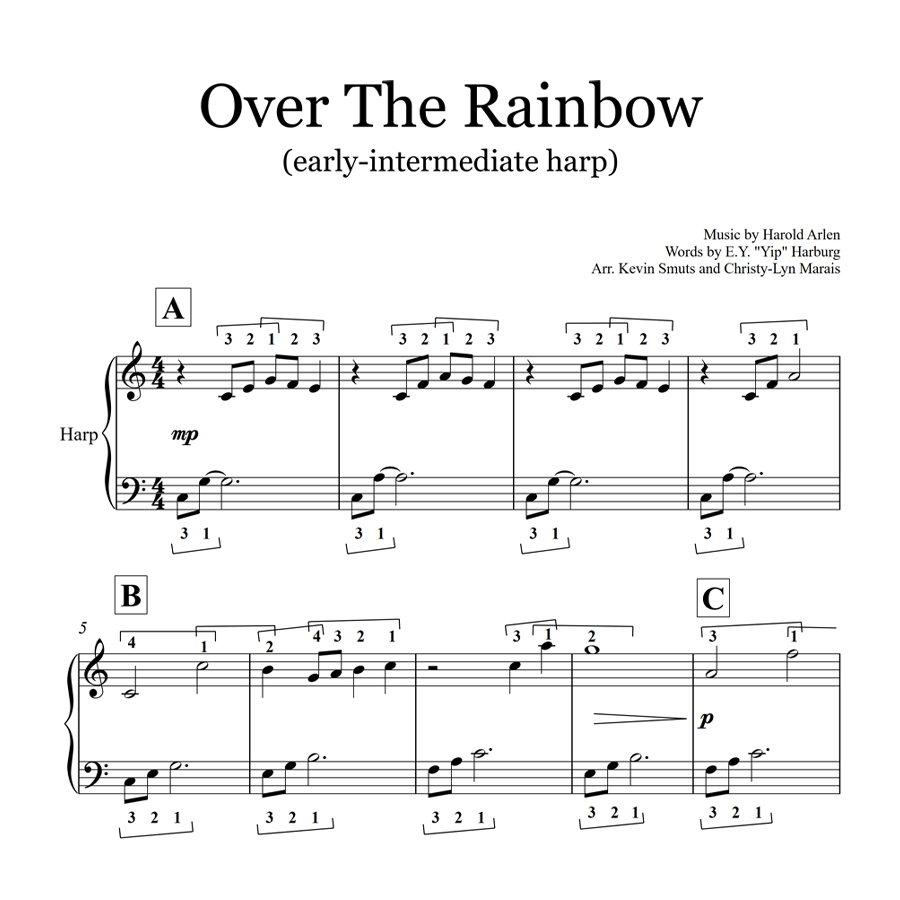 Intermediate Harp Instrumental Sheet Music Over the Rainbow by Harold Arlen