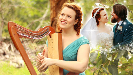 Christy-Lyn playing her Harpsicle lap harp with her wedding photo behind