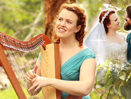 Christy-Lyn playing her Harpsicle lap harp with her wedding photo behind
