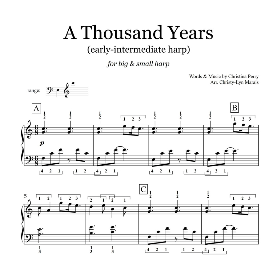 Intermediate Harp Instrumental Sheet Music of A Thousand Years by Christina Perry