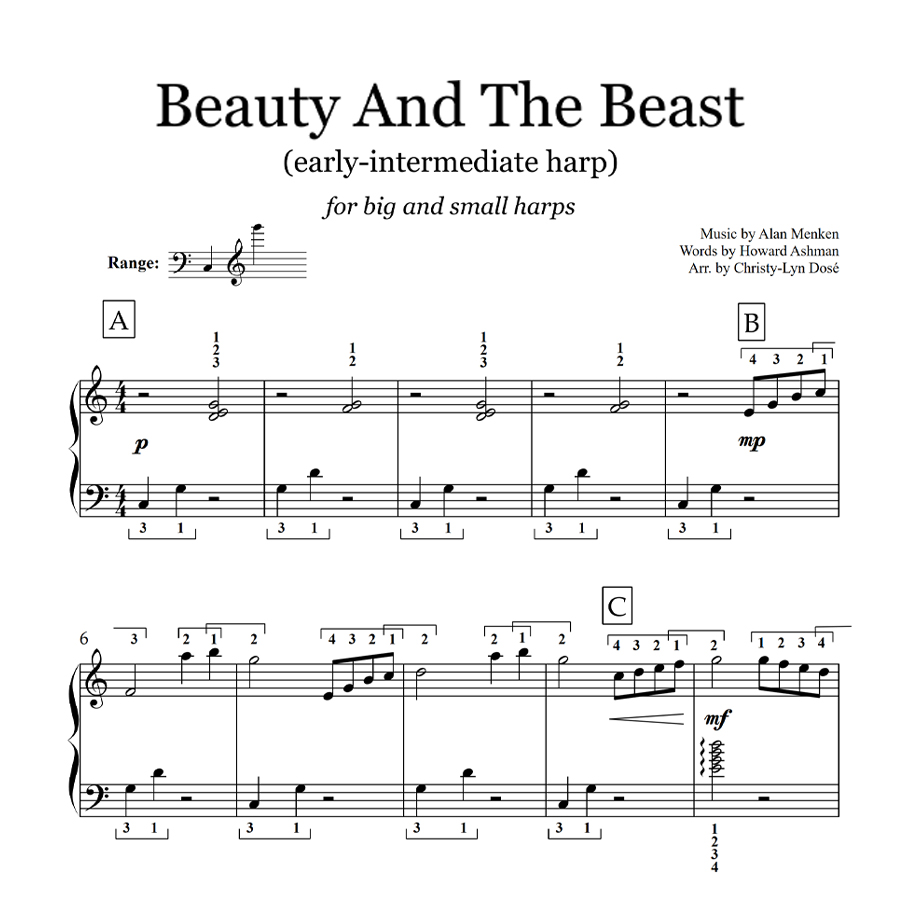 Intermediate Harp Instrumental Sheet Music Beauty and the Beast by Alan Menken