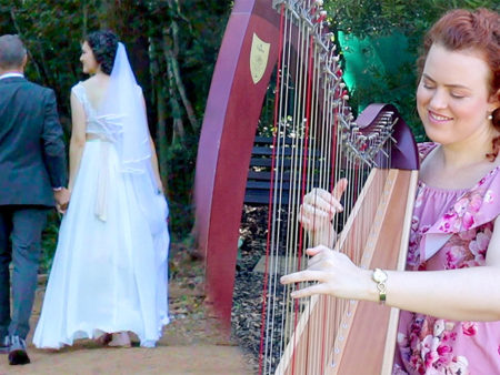 Christy-Lyn playing the Harp with a couple on their wedding day
