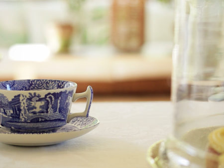 Tea cup on saucer with blue patterns