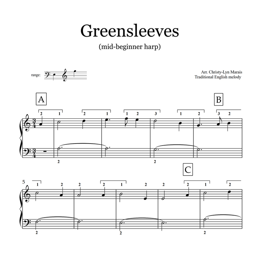 Intermediate Harp Instrumental Sheet Music Greensleeves