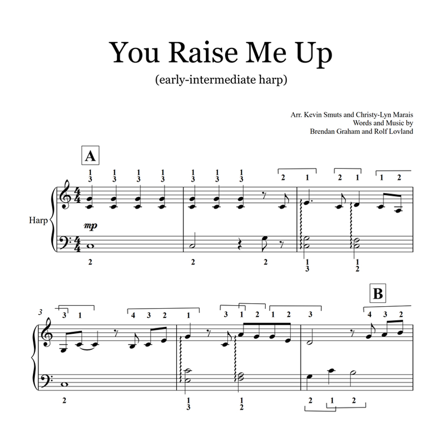 Intermediate Harp Instrumental Sheet Music You Raise Me Up by Brendan Graham and Rolf Lovland