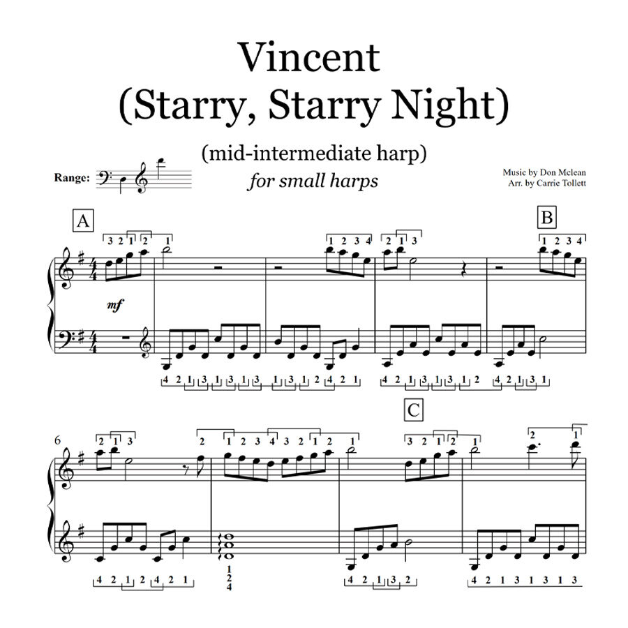 Vincent (Mid-Intermediate) Small Harp Sheet Music Extract